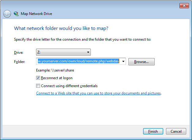 screenshot of mapping WebDAV on Windows Explorer